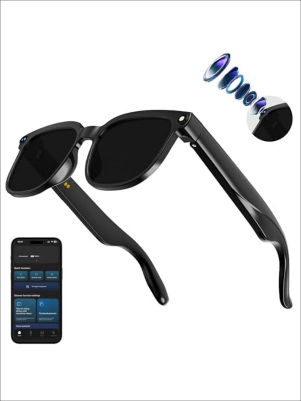 AI Smart Glasses with 8MP Camera 1080P EIS Video Bluetooth Music UV Protection